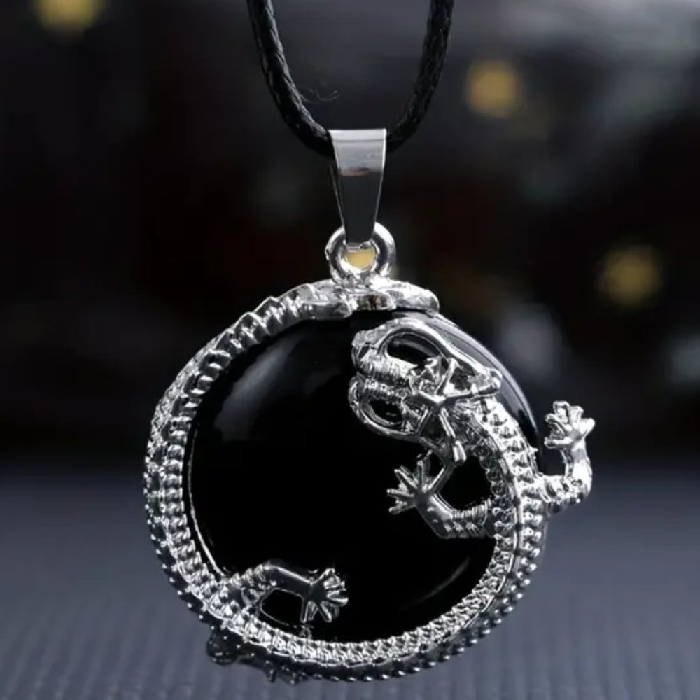 Black Obsidian Natural Stone Dragon Pendant Healing Gemstone Necklace